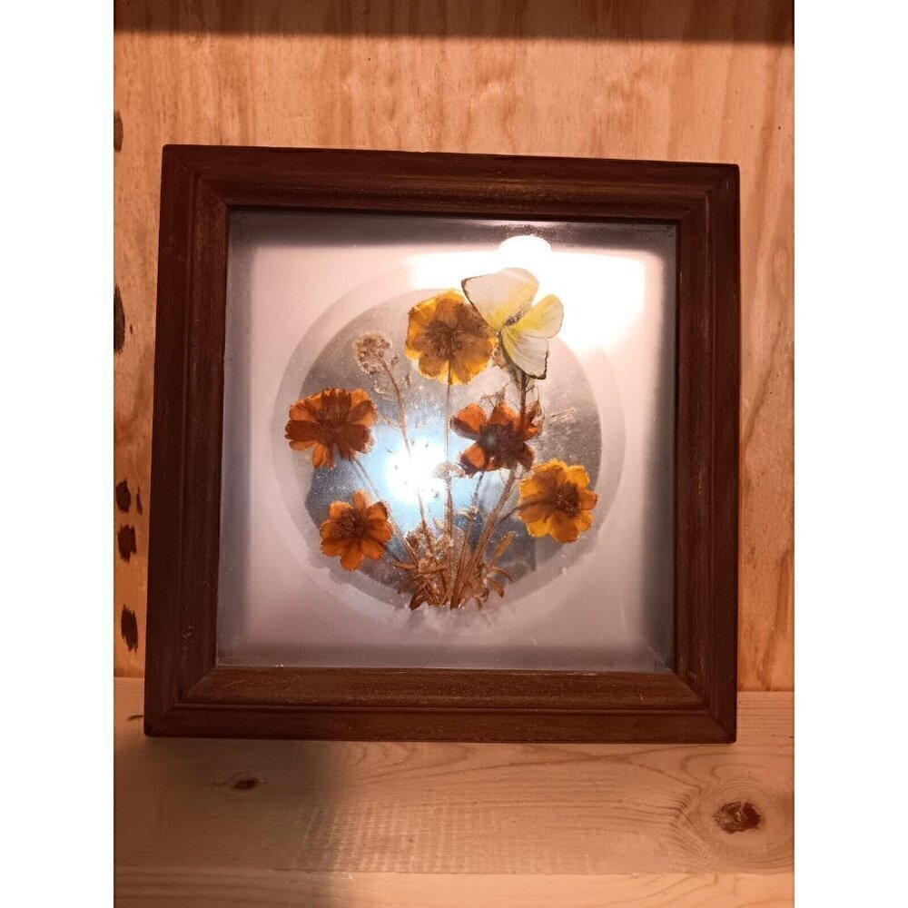Vintage MCM Frosted Glass Mirror Framed Dried Flower And Butterfly Arrangement